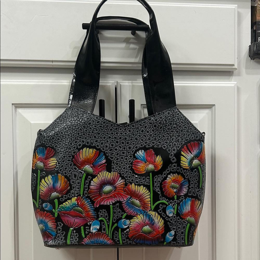 Black Floral Embossed Tote Bag with Multicolor Flowers Shoulder Bag with crossbo